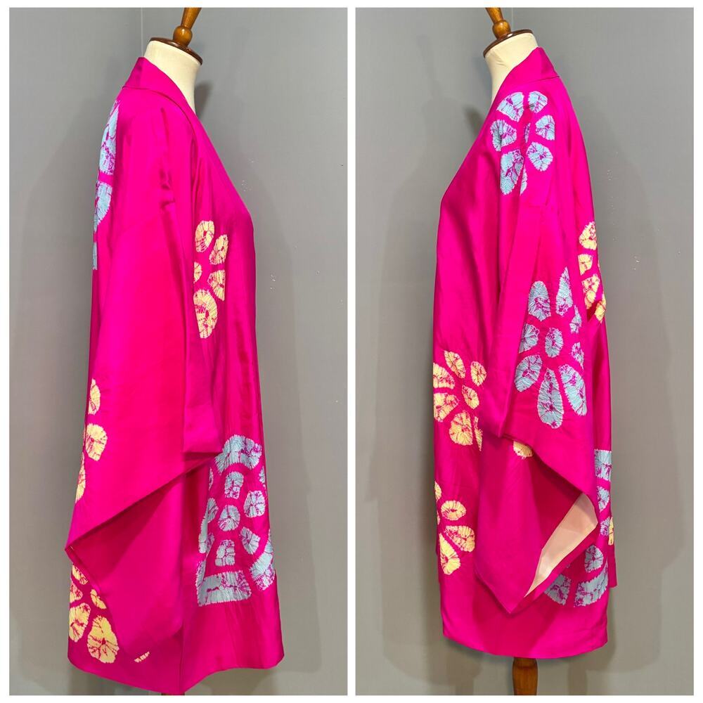 VTG Japanese Magenta Pink Silk Haori Kimono Jacket Shibori Floral, One Size - Picture 4 of 9